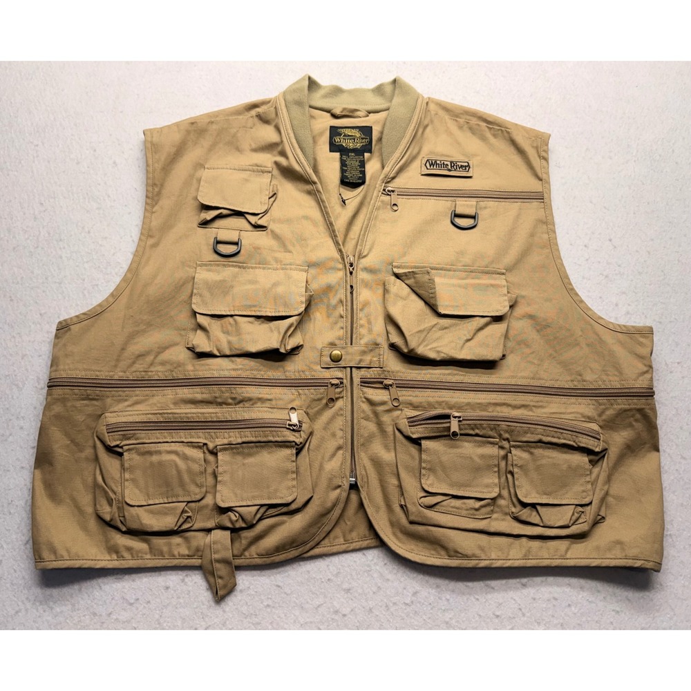 White River Fly Shop Fishing Vest Mens 2XL Khaki Tan Multi Pocket Utility Cotton